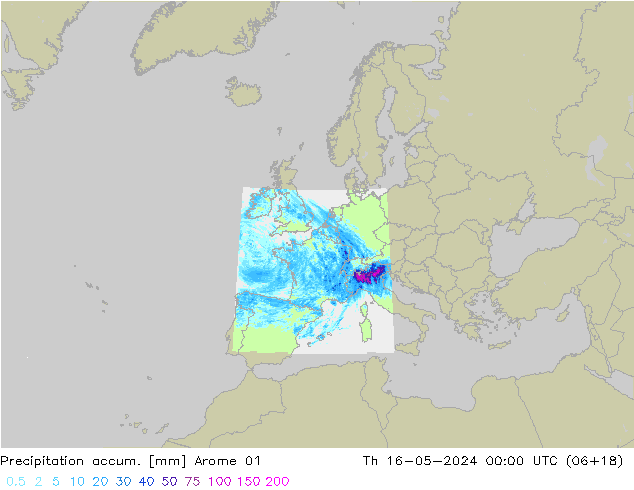 Precipitation accum. Arome 01 чт 16.05.2024 00 UTC