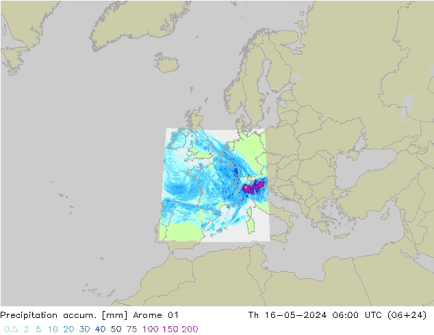 Precipitation accum. Arome 01 Th 16.05.2024 06 UTC