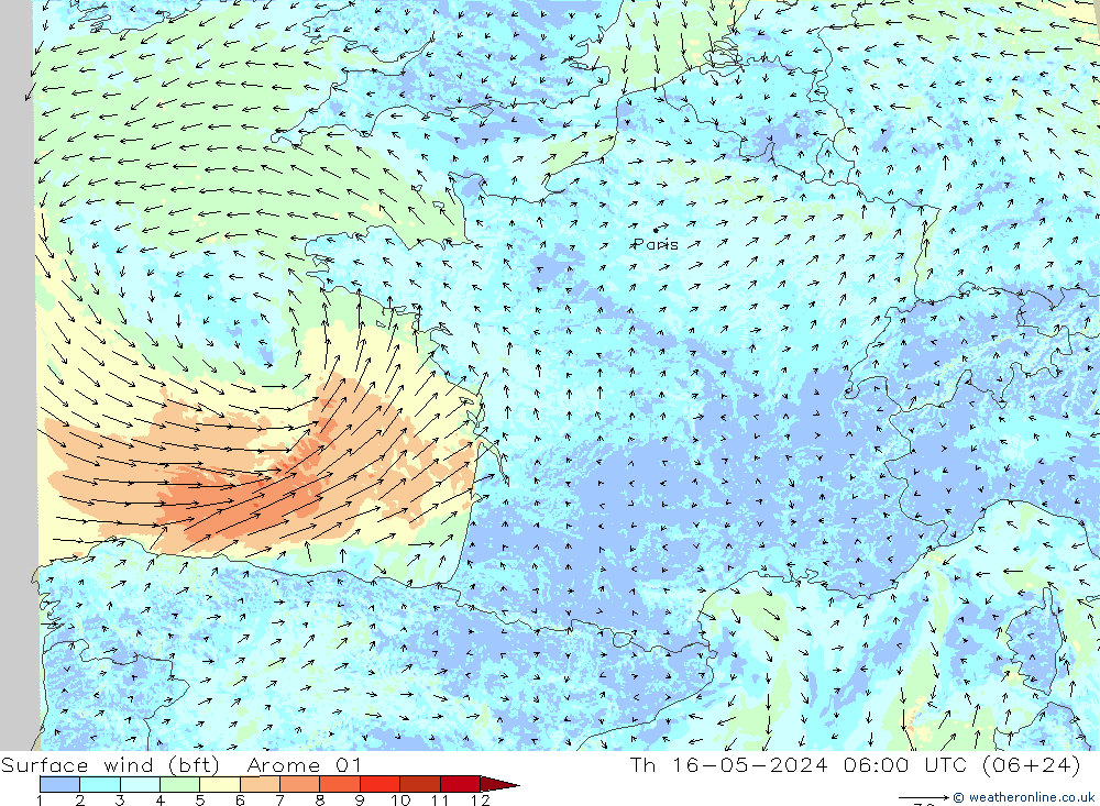 Bodenwind (bft) Arome 01 Do 16.05.2024 06 UTC