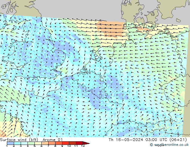 wiatr 10 m (bft) Arome 01 czw. 16.05.2024 03 UTC