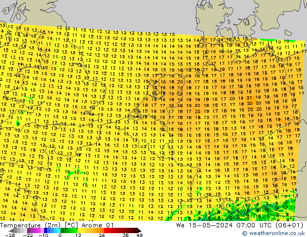 Temperatuurkaart (2m) Arome 01 wo 15.05.2024 07 UTC