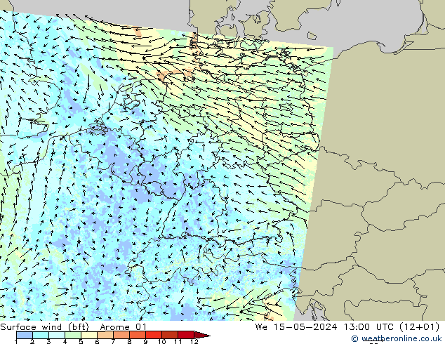 Surface wind (bft) Arome 01 St 15.05.2024 13 UTC