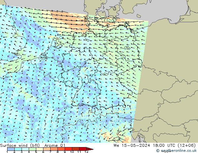 Surface wind (bft) Arome 01 We 15.05.2024 18 UTC