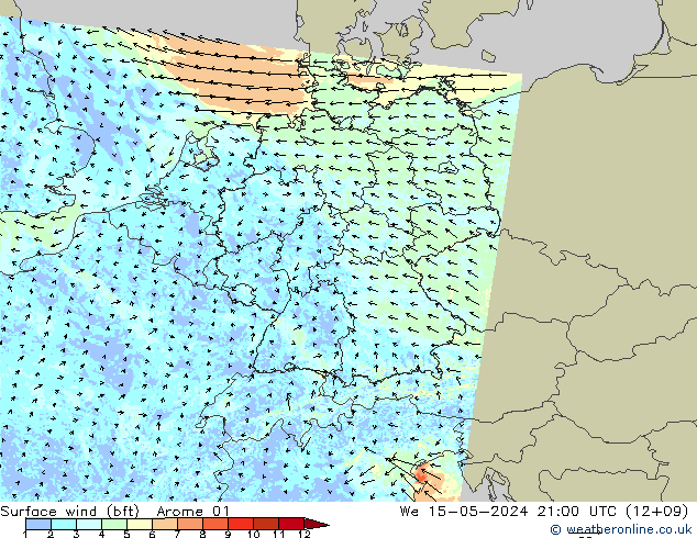 Bodenwind (bft) Arome 01 Mi 15.05.2024 21 UTC