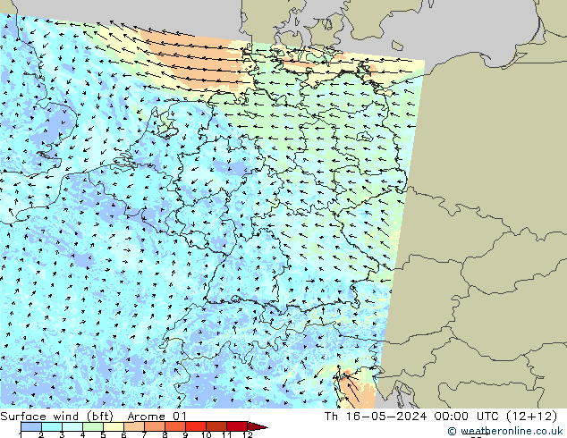 Wind 10 m (bft) Arome 01 do 16.05.2024 00 UTC