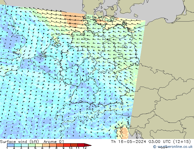 Surface wind (bft) Arome 01 Čt 16.05.2024 03 UTC