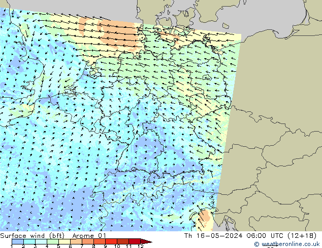 Rüzgar 10 m (bft) Arome 01 Per 16.05.2024 06 UTC