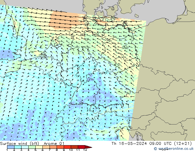 Bodenwind (bft) Arome 01 Do 16.05.2024 09 UTC