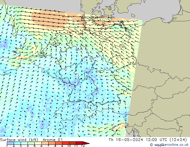 Wind 10 m (bft) Arome 01 do 16.05.2024 12 UTC