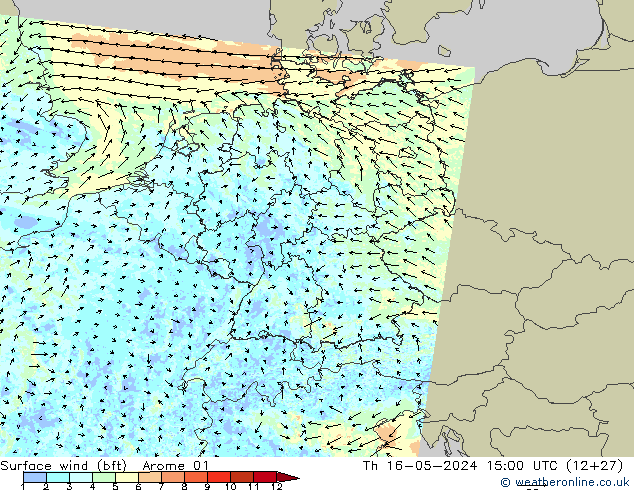 wiatr 10 m (bft) Arome 01 czw. 16.05.2024 15 UTC
