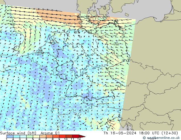 Surface wind (bft) Arome 01 Th 16.05.2024 18 UTC