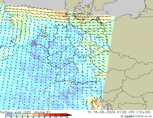 Surface wind (bft) Arome 01 Th 16.05.2024 21 UTC