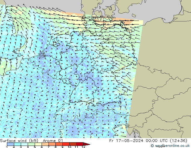 Wind 10 m (bft) Arome 01 vr 17.05.2024 00 UTC