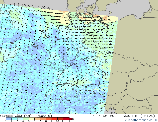 Surface wind (bft) Arome 01 Fr 17.05.2024 03 UTC