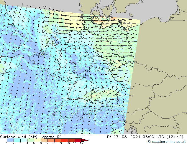 Wind 10 m (bft) Arome 01 vr 17.05.2024 06 UTC