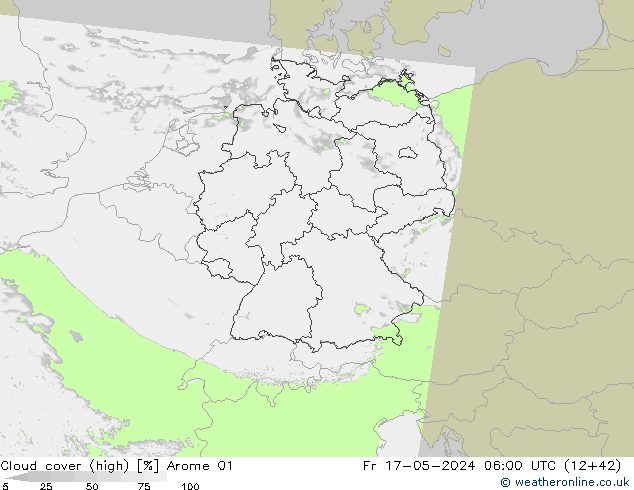 Cloud cover (high) Arome 01 Fr 17.05.2024 06 UTC