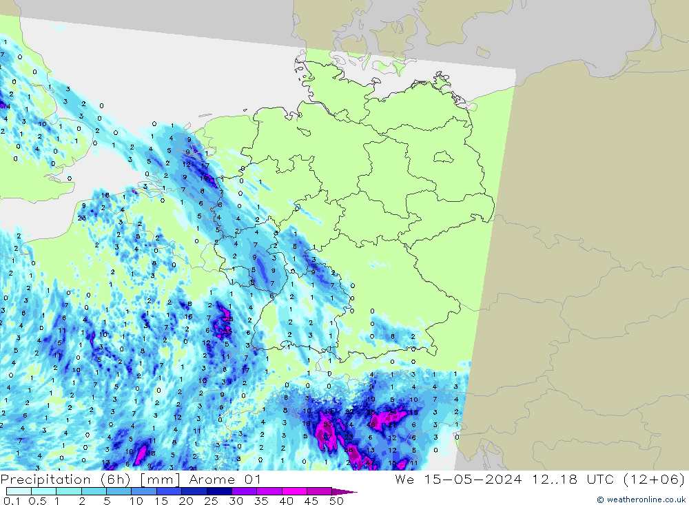 Precipitación (6h) Arome 01 mié 15.05.2024 18 UTC