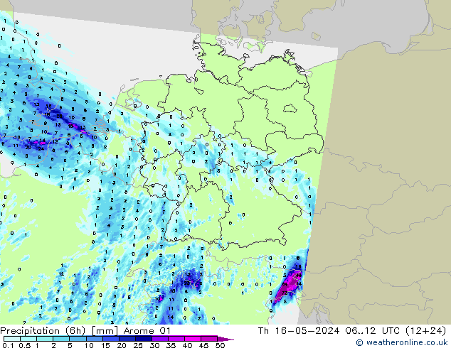 降水量 (6h) Arome 01 星期四 16.05.2024 12 UTC