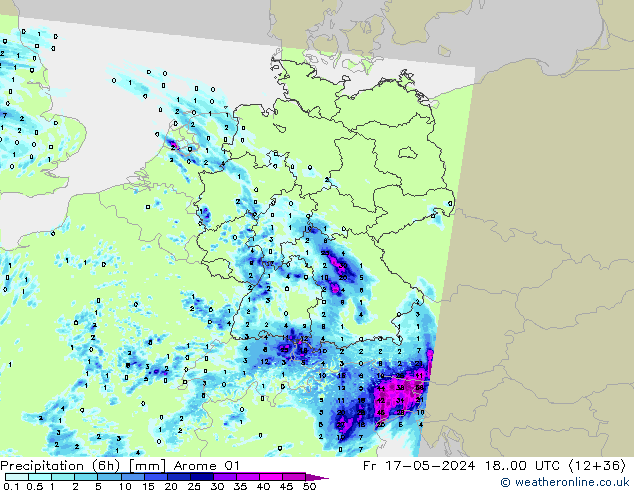 Precipitation (6h) Arome 01 Pá 17.05.2024 00 UTC