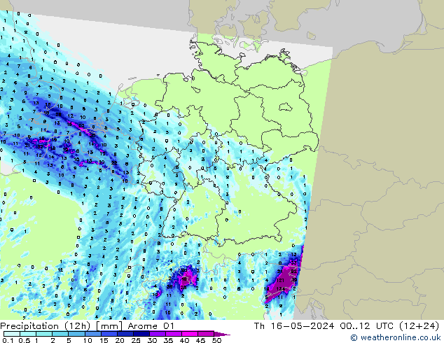 Precipitación (12h) Arome 01 jue 16.05.2024 12 UTC