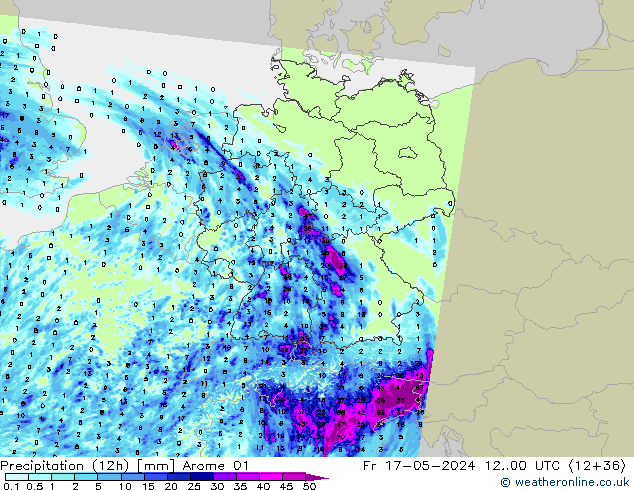 Precipitation (12h) Arome 01 Pá 17.05.2024 00 UTC