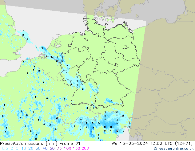 Precipitation accum. Arome 01 星期三 15.05.2024 13 UTC
