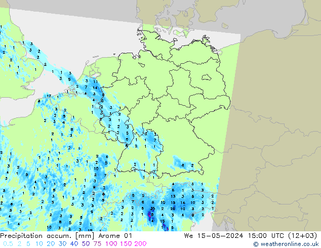 Precipitation accum. Arome 01 星期三 15.05.2024 15 UTC