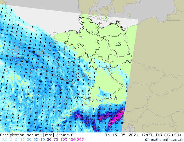 Precipitation accum. Arome 01  16.05.2024 12 UTC