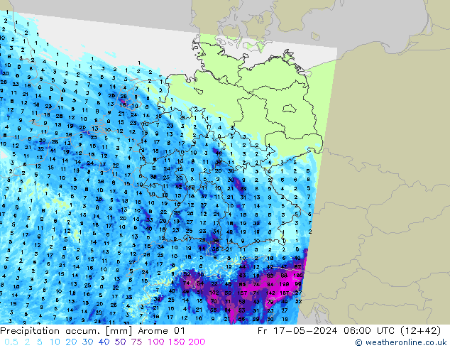 Totale neerslag Arome 01 vr 17.05.2024 06 UTC