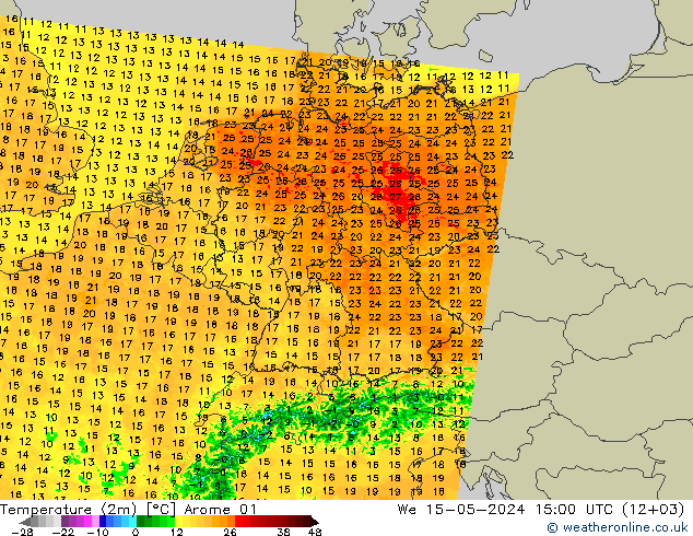 Temperatura (2m) Arome 01 mié 15.05.2024 15 UTC