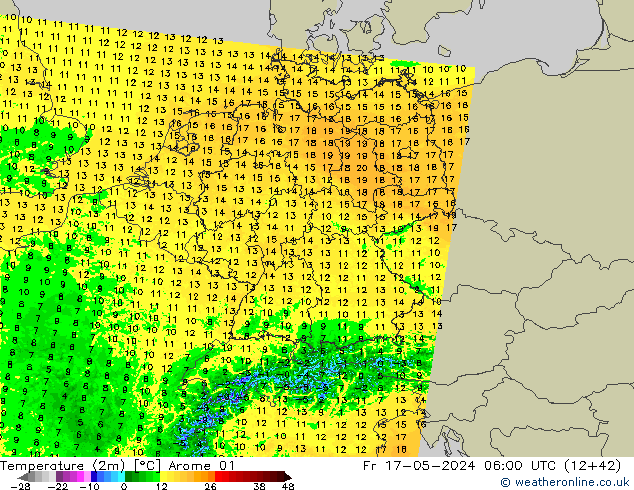Temperatuurkaart (2m) Arome 01 vr 17.05.2024 06 UTC
