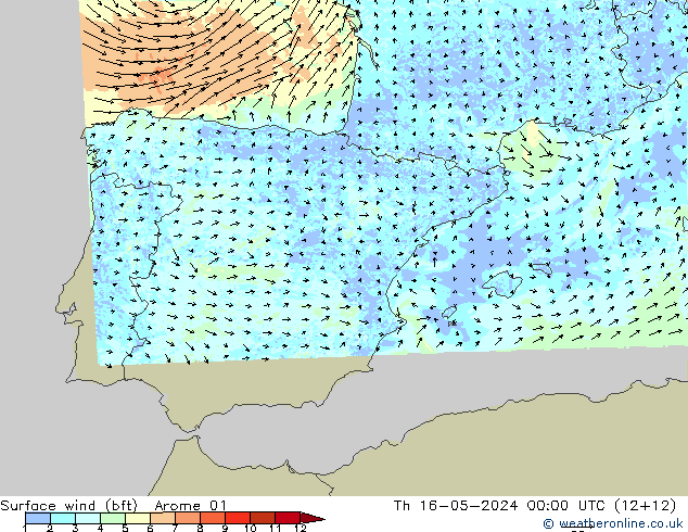 Surface wind (bft) Arome 01 Th 16.05.2024 00 UTC