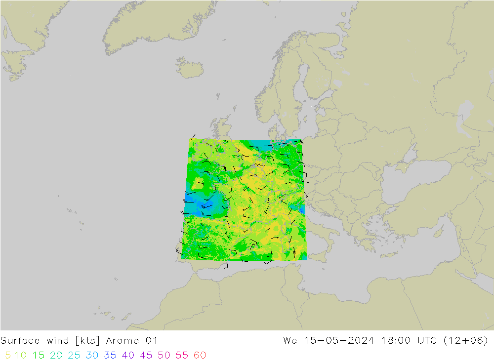 Vento 10 m Arome 01 Qua 15.05.2024 18 UTC