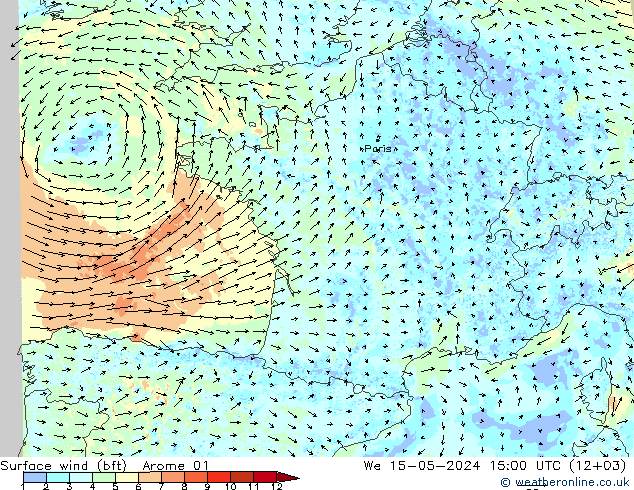 Surface wind (bft) Arome 01 We 15.05.2024 15 UTC