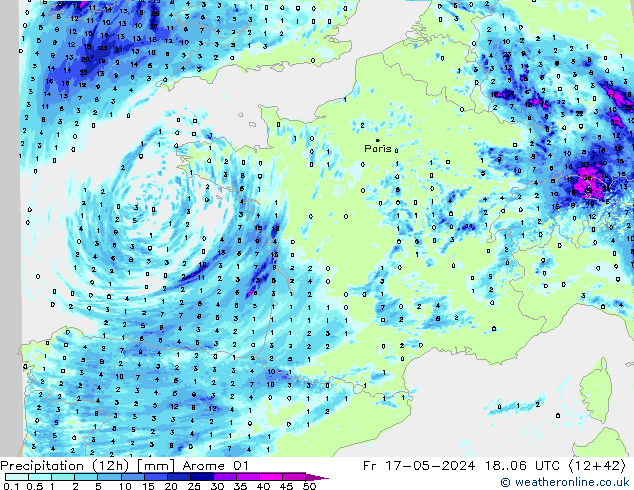 Precipitación (12h) Arome 01 vie 17.05.2024 06 UTC