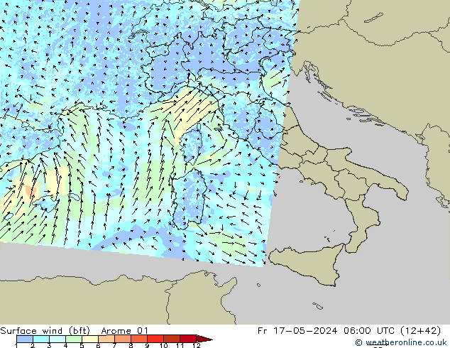 Surface wind (bft) Arome 01 Fr 17.05.2024 06 UTC