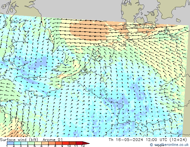Surface wind (bft) Arome 01 Čt 16.05.2024 12 UTC