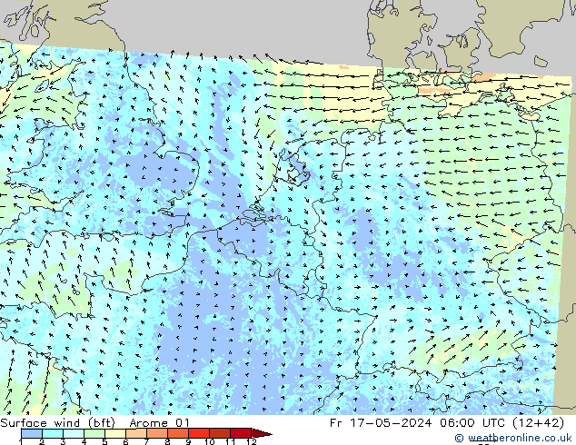 Wind 10 m (bft) Arome 01 vr 17.05.2024 06 UTC