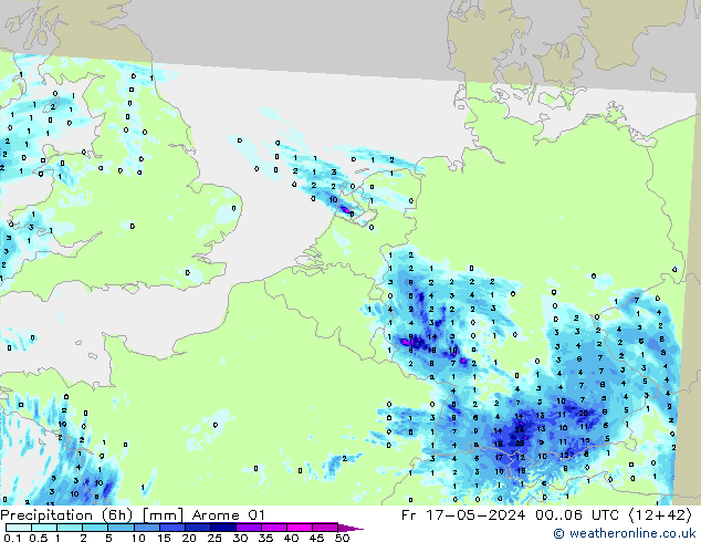 Totale neerslag (6h) Arome 01 vr 17.05.2024 06 UTC
