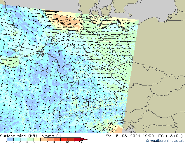 Surface wind (bft) Arome 01 St 15.05.2024 19 UTC