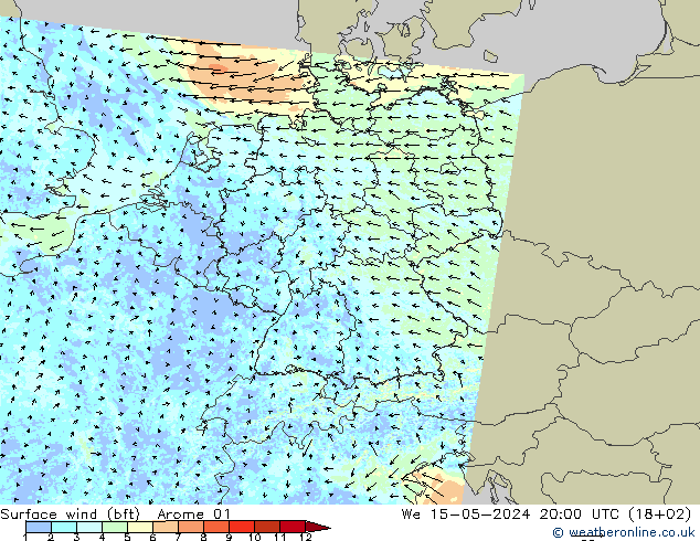 Wind 10 m (bft) Arome 01 wo 15.05.2024 20 UTC