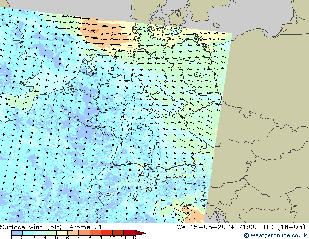 Surface wind (bft) Arome 01 St 15.05.2024 21 UTC