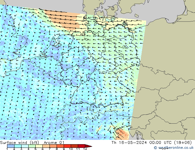 Surface wind (bft) Arome 01 Čt 16.05.2024 00 UTC