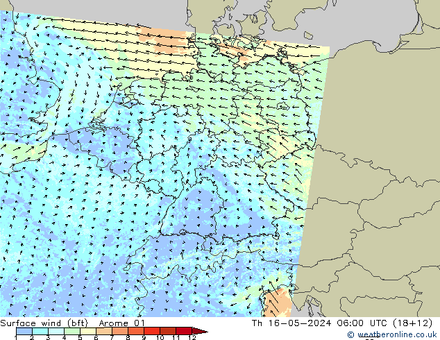 Wind 10 m (bft) Arome 01 do 16.05.2024 06 UTC