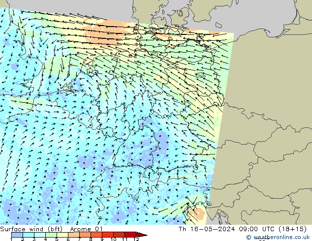 Wind 10 m (bft) Arome 01 do 16.05.2024 09 UTC