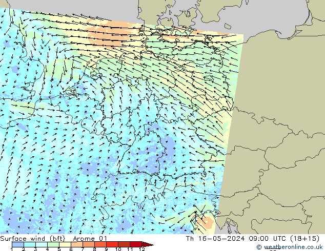 Vento 10 m (bft) Arome 01 Qui 16.05.2024 09 UTC