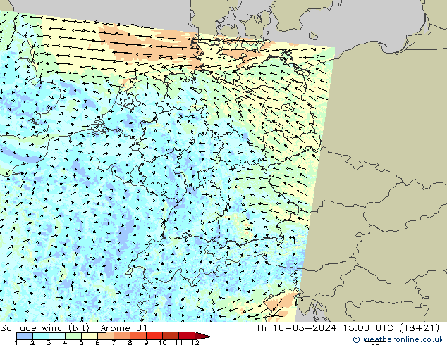 Vento 10 m (bft) Arome 01 gio 16.05.2024 15 UTC