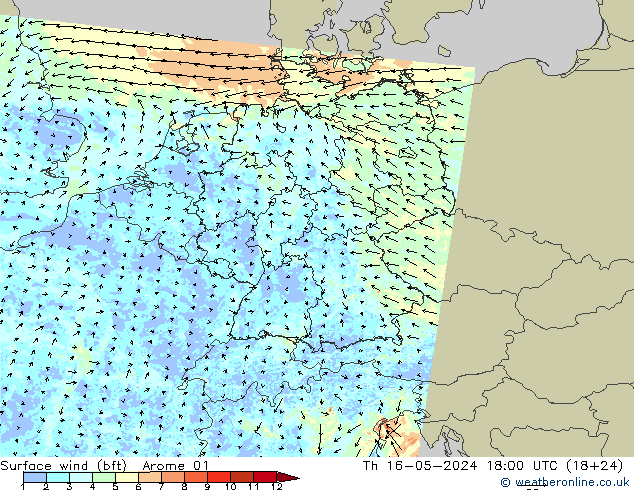 wiatr 10 m (bft) Arome 01 czw. 16.05.2024 18 UTC