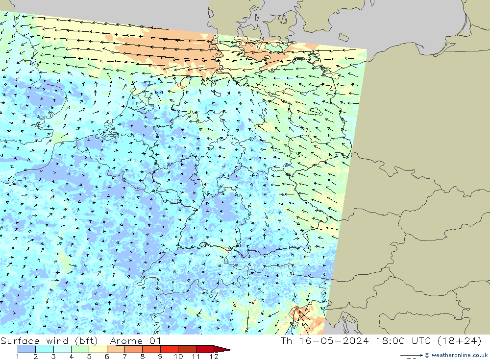 ве�Bе�@ 10 m (bft) Arome 01 чт 16.05.2024 18 UTC