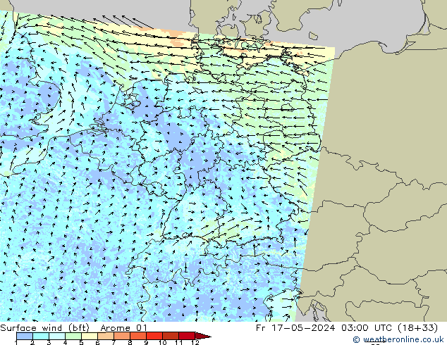 Wind 10 m (bft) Arome 01 vr 17.05.2024 03 UTC